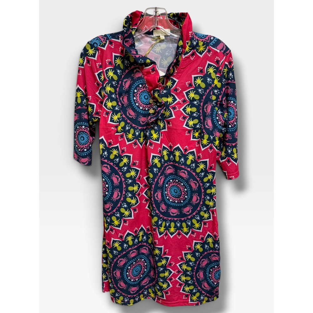 Simply Southern ALY Pineapple Crab Ruffle Dress Small NWT Pink Navy